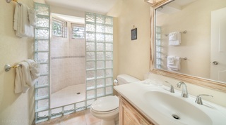 Bathroom at 149 Salters Road with a glass-block walk-in shower and wood-framed mirror, Barbados