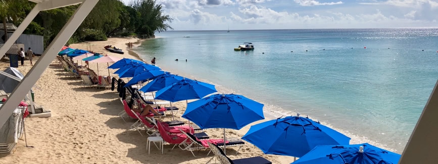 Sun beds and parasols on Mullins beach