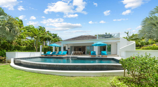 Curved pool and sun terrace below the rooftop lounge at Bella Vista, luxury villa in Royal Westmoreland, Barbados