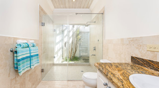 Glass shower opening onto a private planted courtyard at Carlton Ridge, holiday villa in Barbados