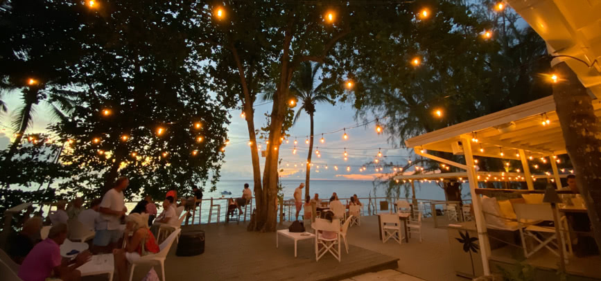 Festoon lights glow through the trees above Sea Shed beach bar