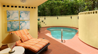 Private plunge pool beside a striped sun lounger and floral canvases at Church Point 2, luxury villa in Barbados