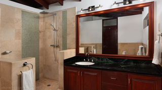 En suite with a walk-in shower, wood-framed mirror and dark stone vanity at Church Point 2, Barbados