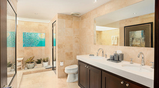 Double-basin vanity and a pebbled indoor planter beneath fish artwork in a Coral Cove 14 – Crowsnest en suite, Barbados