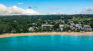 Drone view from the sea of Paynes Bay beach and the green west coast hills behind Coral Cove 14 – Crowsnest, Barbados