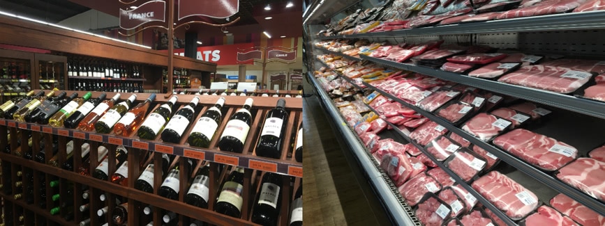 meat and wine on a supermarket shelf