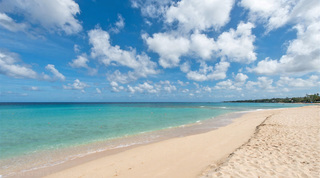Pale sand and turquoise shallows on the beach steps from Glitter Bay 107, just along from the Lone Star, Barbados