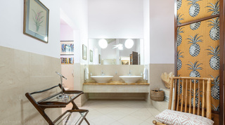 Bathroom with twin vessel basins and a pineapple-print screen at Jamoon, Barbados
