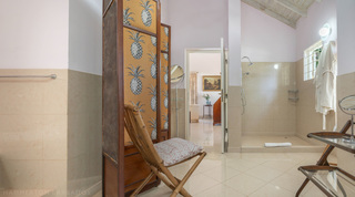 Bathroom with walk-in shower behind a pineapple-print screen at Jamoon, Sandy Lane, Barbados