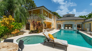 Main pool beside a round step pool and balconied terrace at Jamoon villa rental, Sandy Lane, Barbados