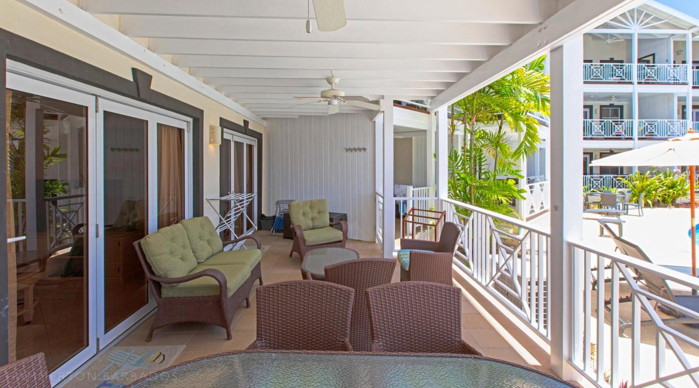 Lantana 2's veranda with shaded seating