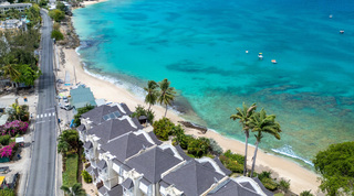 Aerial view of Fathom's End at Mahogany Bay, a beachfront villa on the turquoise waters of Paynes Bay, Barbados