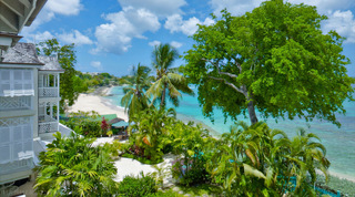 Elevated outlook from Mahogany Pod over tropical gardens to Paynes Bay Beach, St. James, Barbados