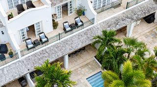 Aerial view of the terrace and walkway above the plunge pool at Mullins Bay 10 Pandora villa, Barbados
