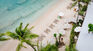 Mullins Beach sun loungers and parasols on white sand, a short walk from Mullins Bay 10 Pandora, Barbados