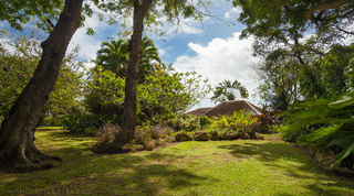 Lawn and mature shade trees in the tropical gardens with a hipped roof beyond at Mullins Mill, St. Peter, Barbados