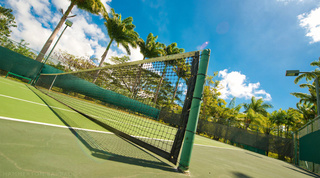 Floodlit tennis court framed by palms under a blue sky at Mullins Mill villa, Barbados