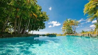 Ridge-side infinity pool fringed by palms with the coastline beyond at Mullins Mill villa, Barbados