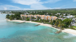 Drone view of the St. Peter's Bay resort beach and turquoise bay near Speightstown, home of St. Peter's Bay 104, Barbados