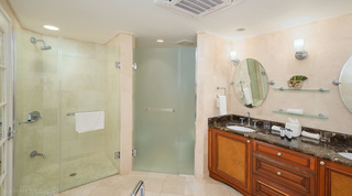 Glass shower enclosure with a towel on its rail, frosted glass door alongside, St. Peter's Bay 308, west coast Barbados