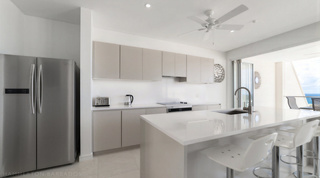 Kitchen island with induction hob and stainless fridge at Westmoreland Hills 25, St. James, Barbados