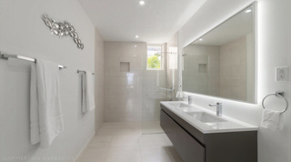 Bathroom with twin basins, backlit mirror and walk-in shower, Westmoreland Hills 25, St. James, Barbados